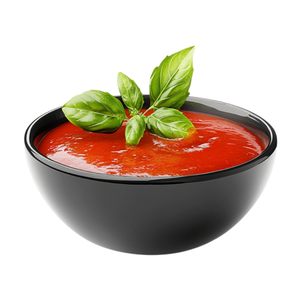 tomato sauce in a bowl with basil leaves on a transparent background png