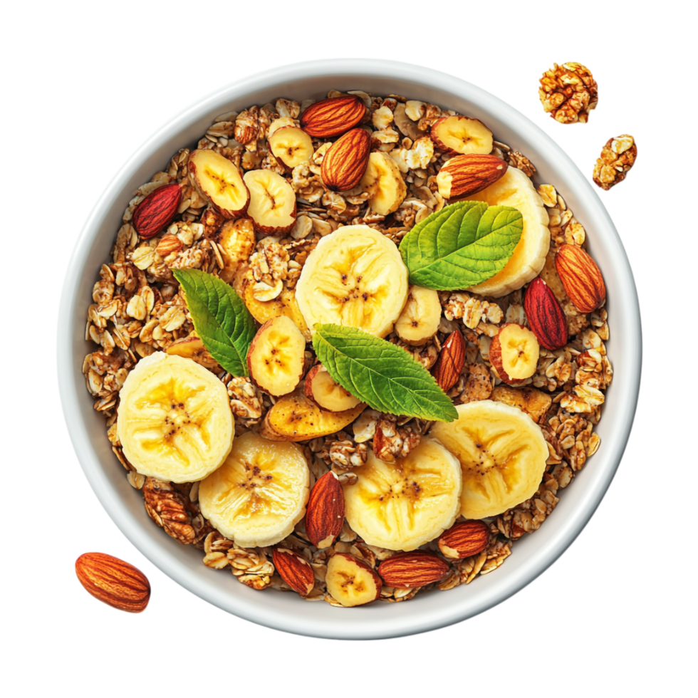 muesli with banana, almonds, nuts and mint leaves on a transparent background png