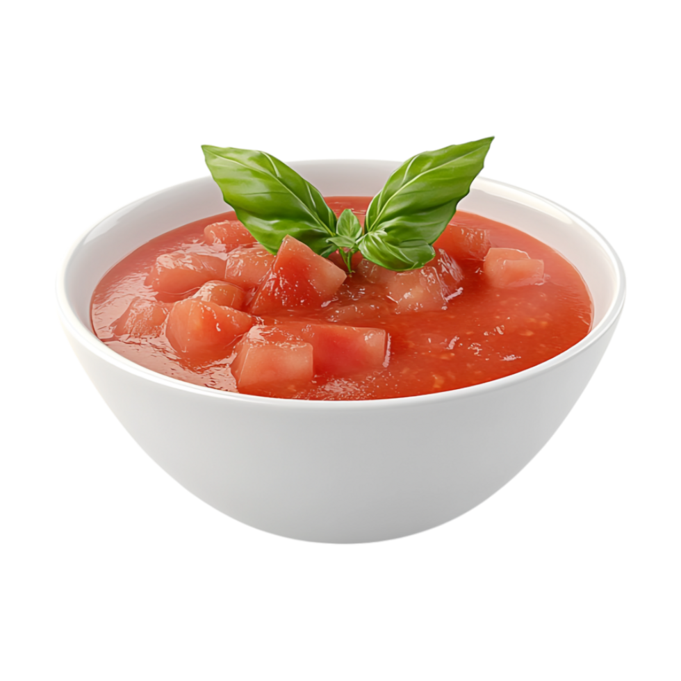 a bowl of tomato soup with basil leaves on top png