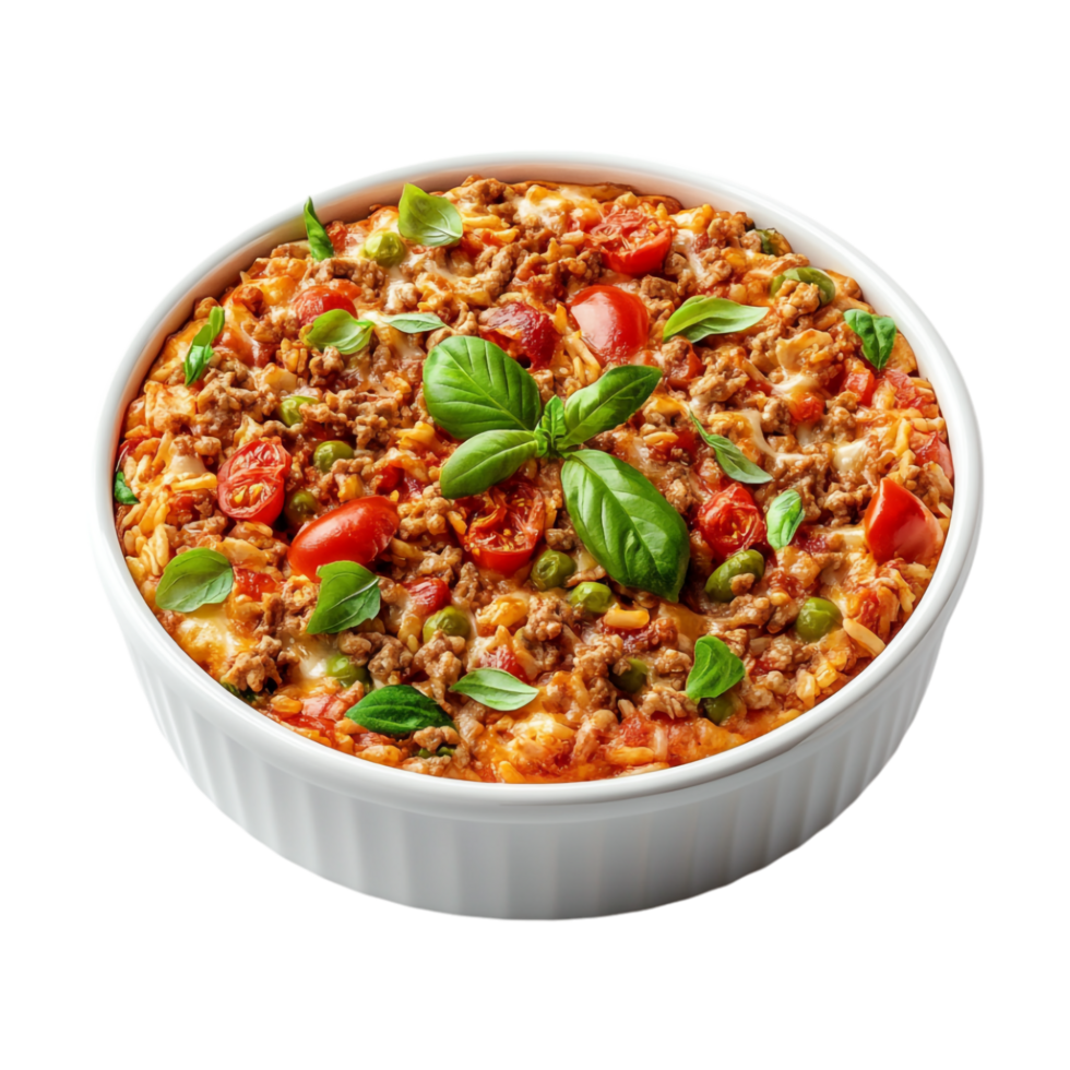 italian pizza in a bowl with tomato and basil png