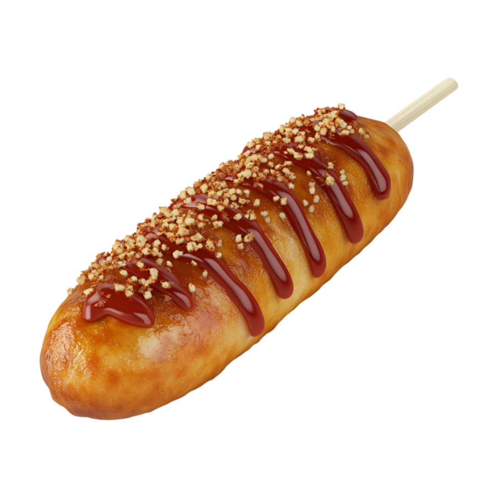 a hot dog on a stick with sesame seeds png