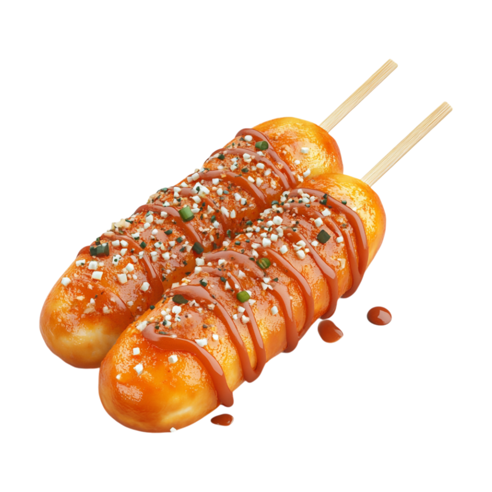 two hot dogs on sticks with sauce and sesame seeds png