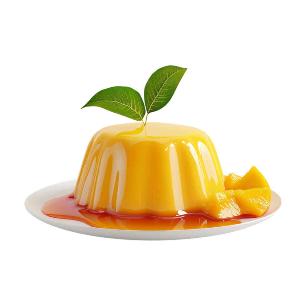 mango pudding with syrup and green leaf on white plate png
