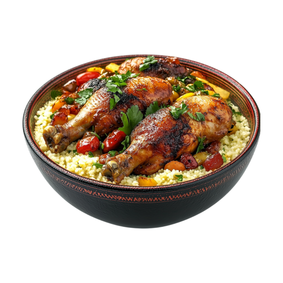 a chicken with couscous and vegetables in a bowl on a transparent background png
