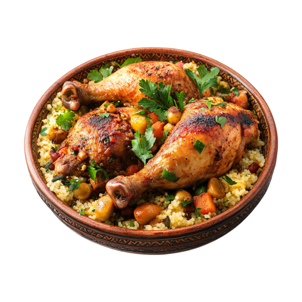 chicken with couscous and vegetables on a plate png