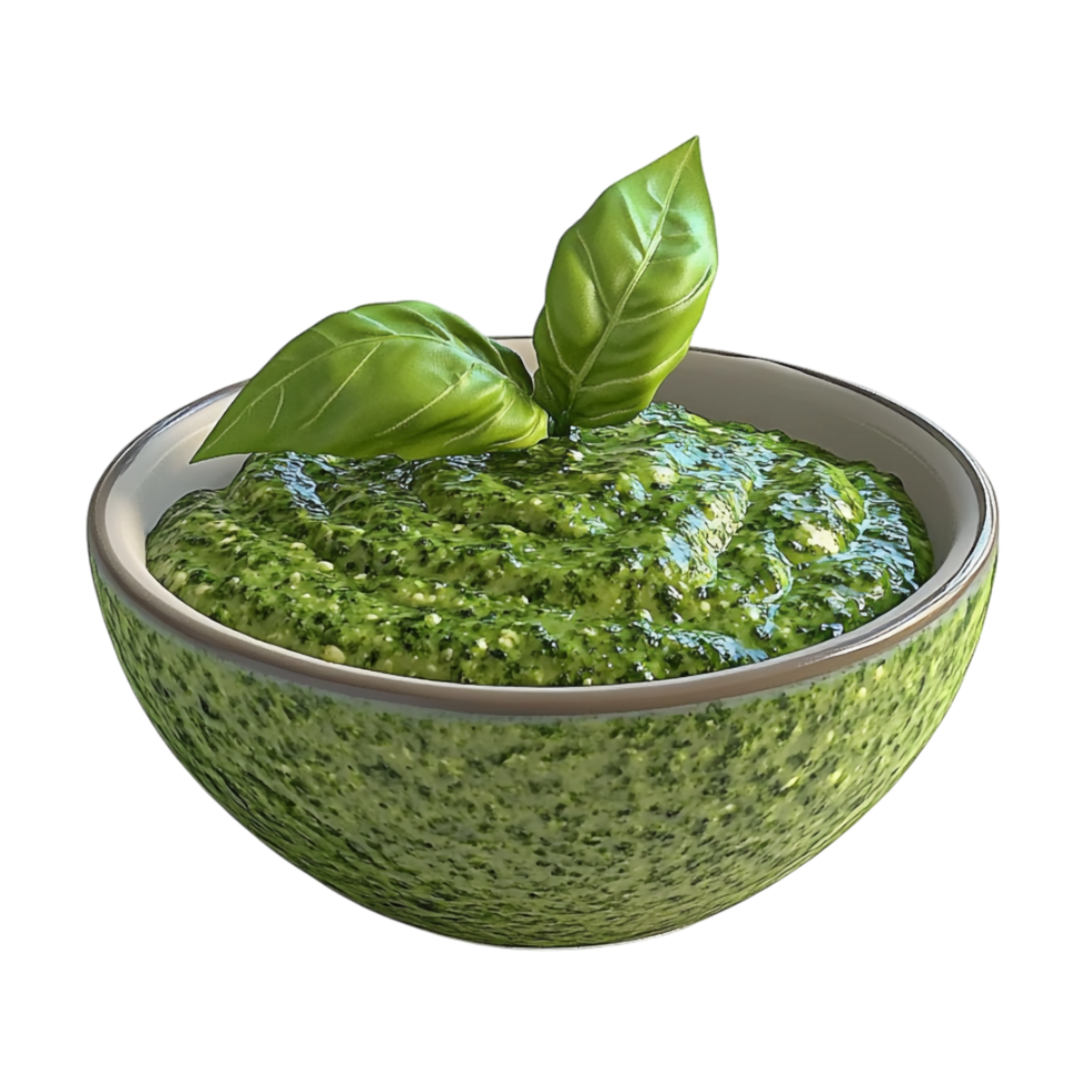 a bowl of green pesto sauce with a leaf on top png