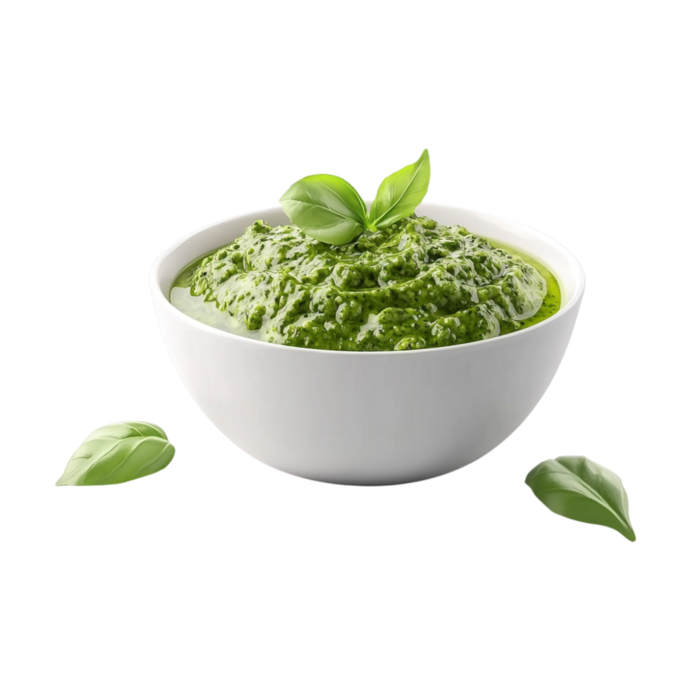 pesto sauce in a bowl with leaves on a transparent background png