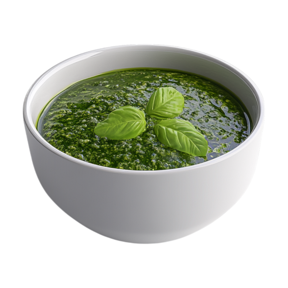 a bowl of green pesto with basil leaves on top png
