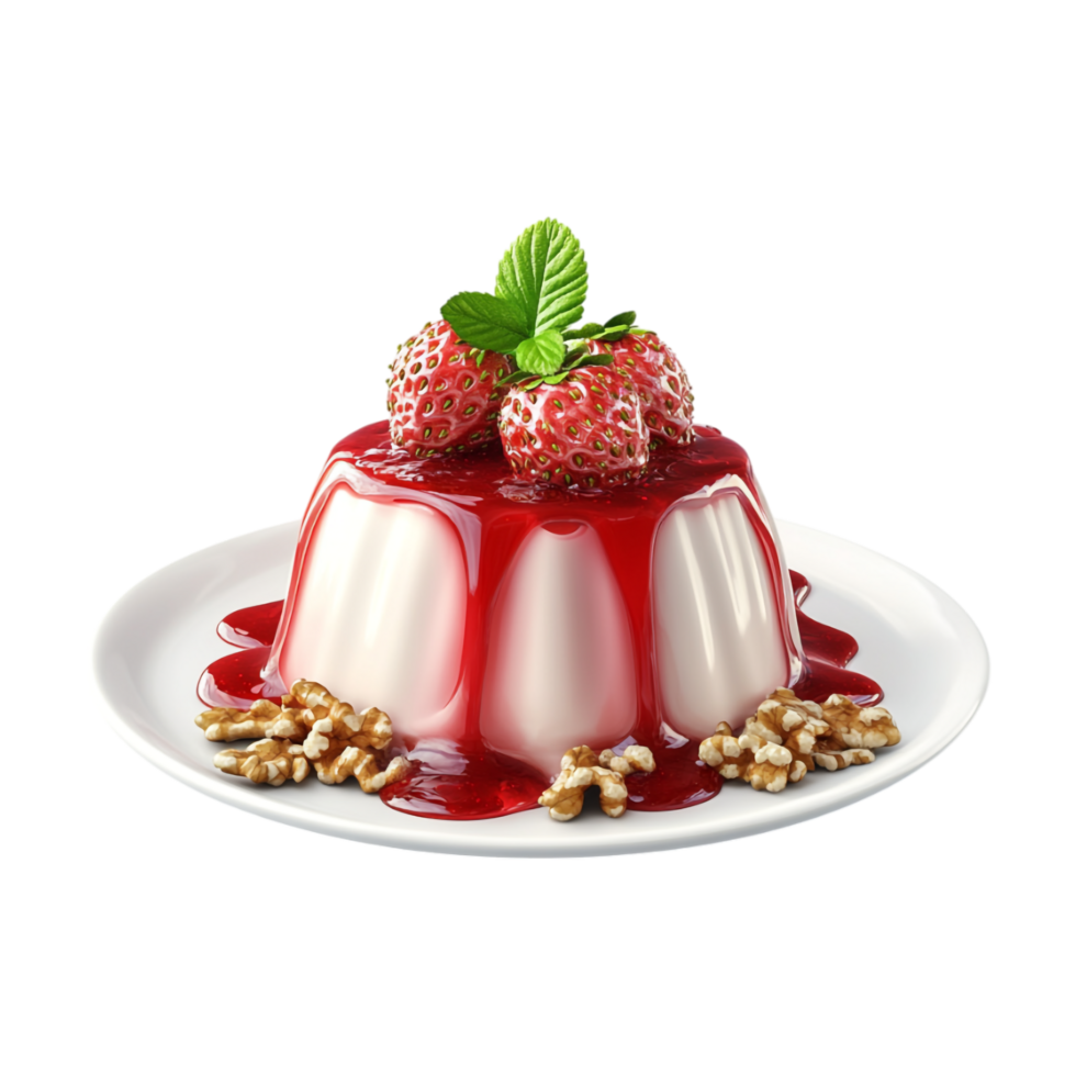 strawberry panna cotta with walnuts and mint on white plate png