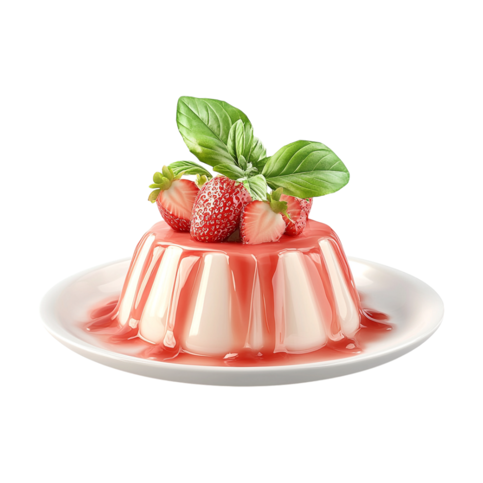 strawberry panna cotta with strawberry sauce on white plate png