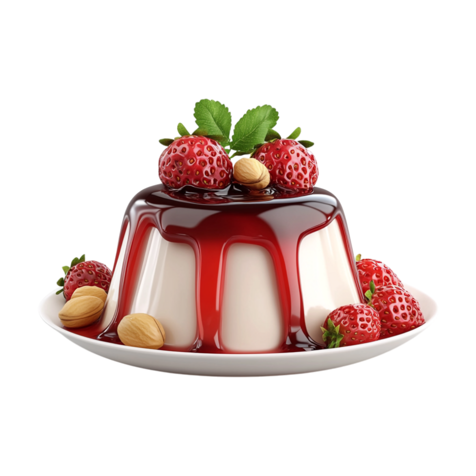 strawberry panna cotta with almond and strawberry sauce on white plate png
