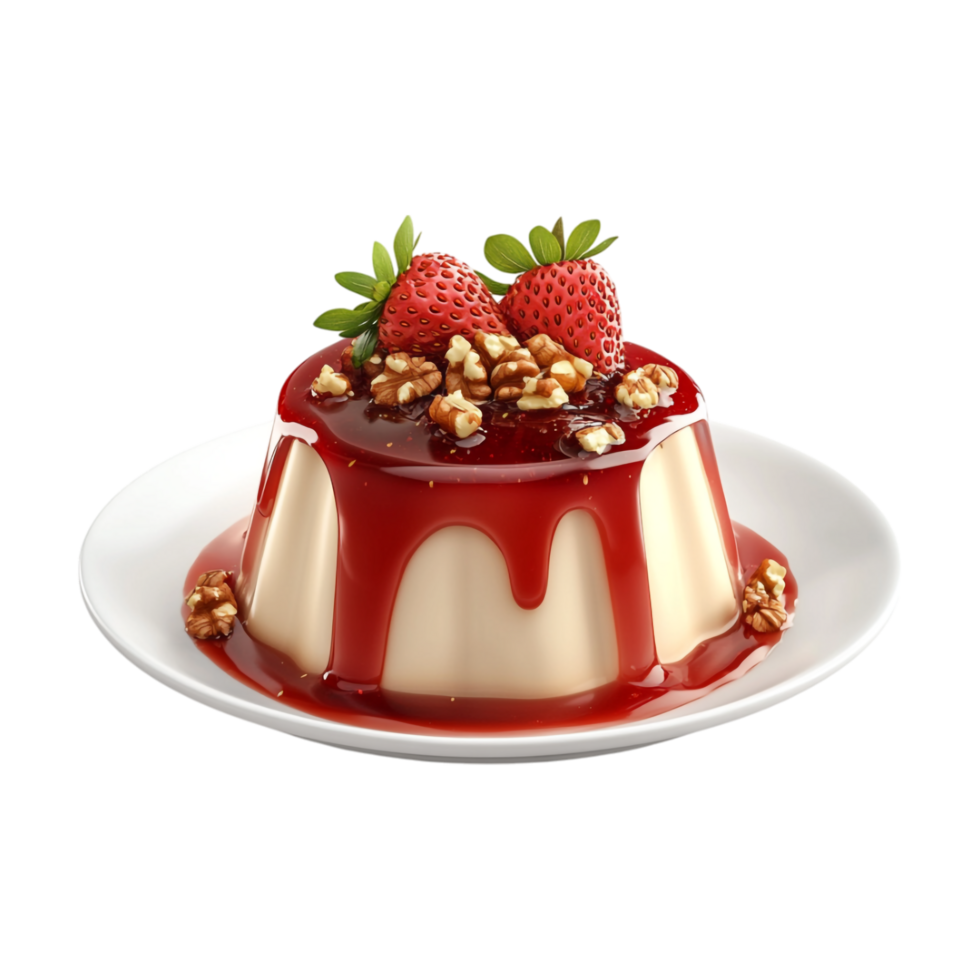 a panna cotta with strawberries and walnuts on a plate png