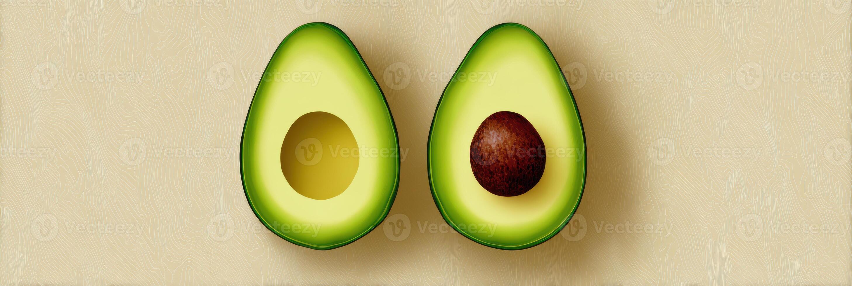 Halved Avocados Displaying Rich Green Flesh and Brown Seed on a Clean Background in a Simple Geometric Design photo
