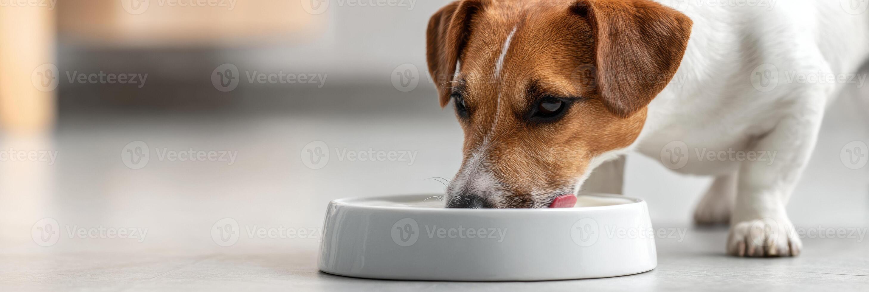 Dog Enjoying Yogurt From a Bowl on a Clean Pastel Floor With an Empty Upper Space photo