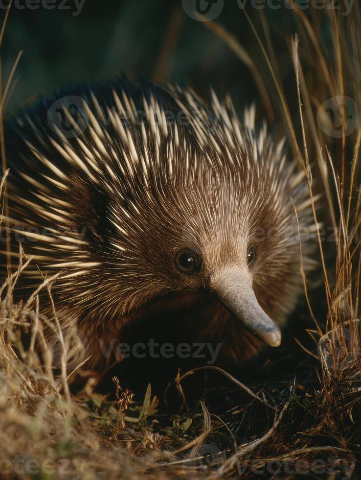 Long-beaked Echidna Explores Dry Grassland Under Soft Side Lighting in a Natural Habitat photo