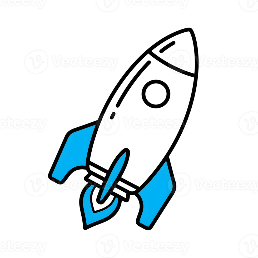 Blue and White Rocket Ship Icon Launching Upward isolated on a transparent background png
