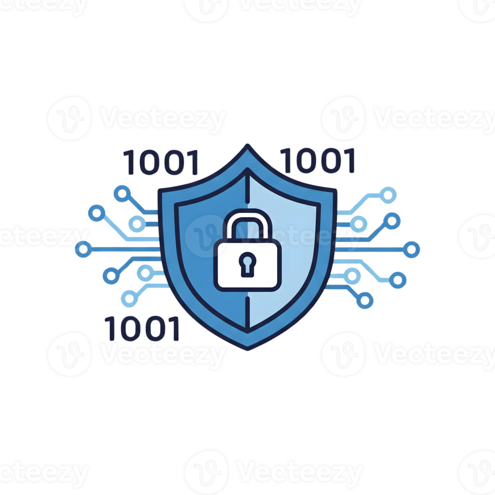 Blue Shield Icon with Padlock and Binary Code isolated on a transparent background png