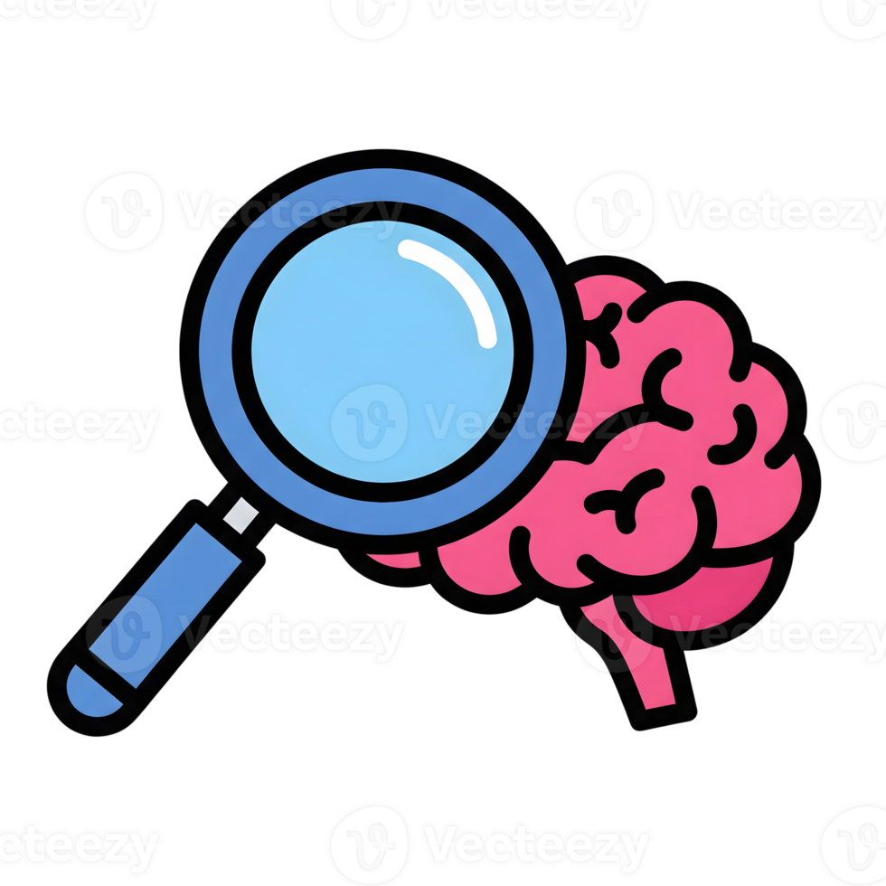 Blue Magnifying Glass Examining Pink Brain Icon isolated on a transparent background png