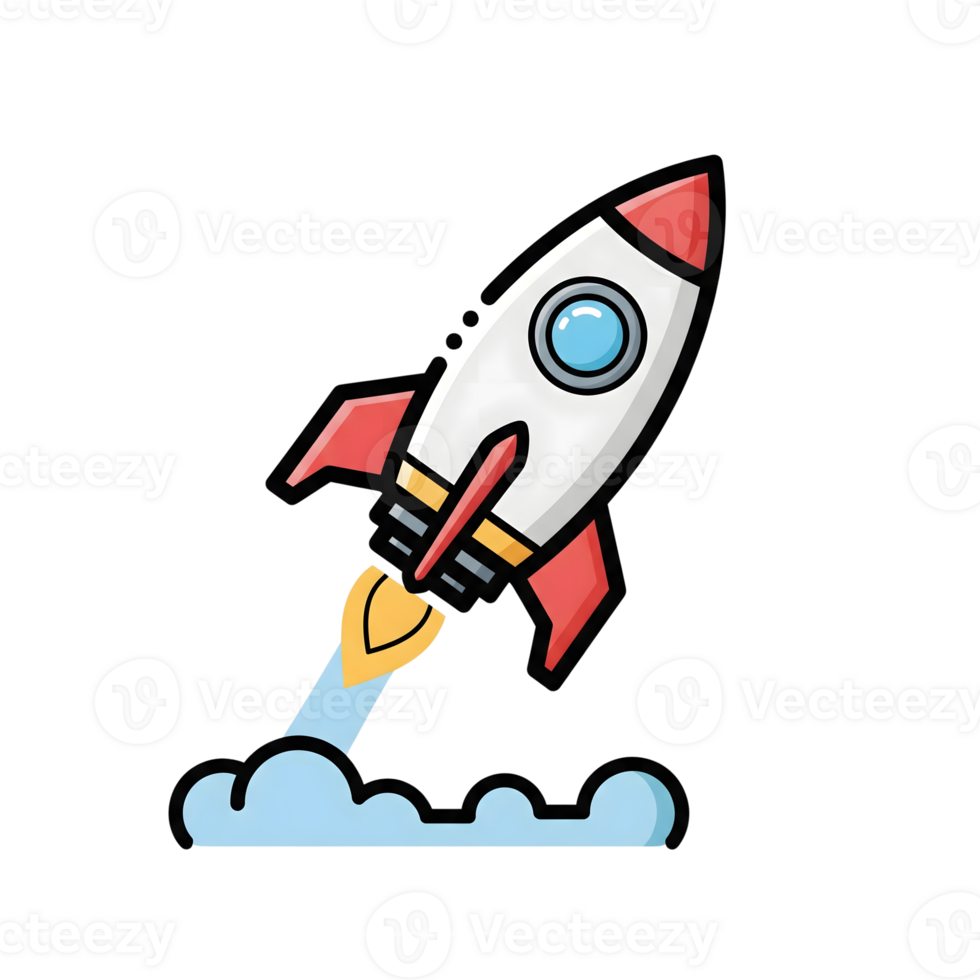 Cartoon Rocket Ship Launching Upwards Red White Yellow Blue Icon isolated on a transparent background png