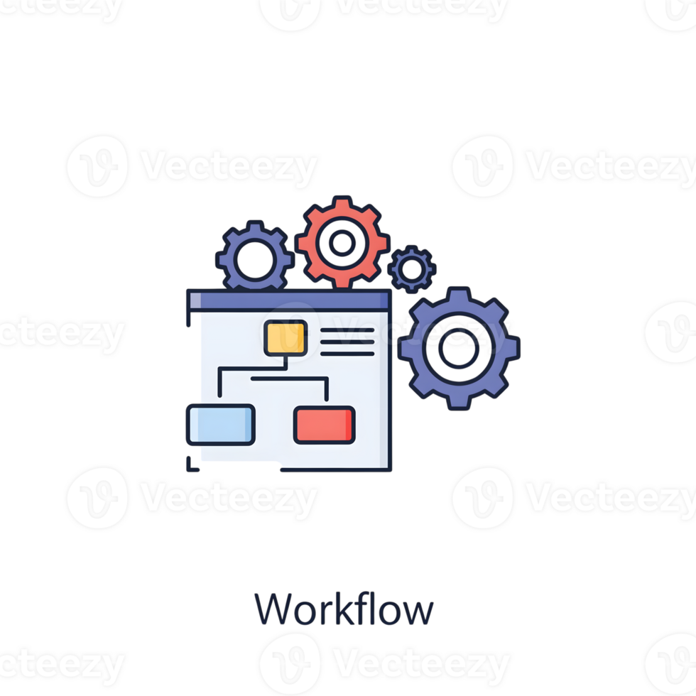 Colorful Workflow Diagram with Gears Icon isolated on a transparent background cogs png