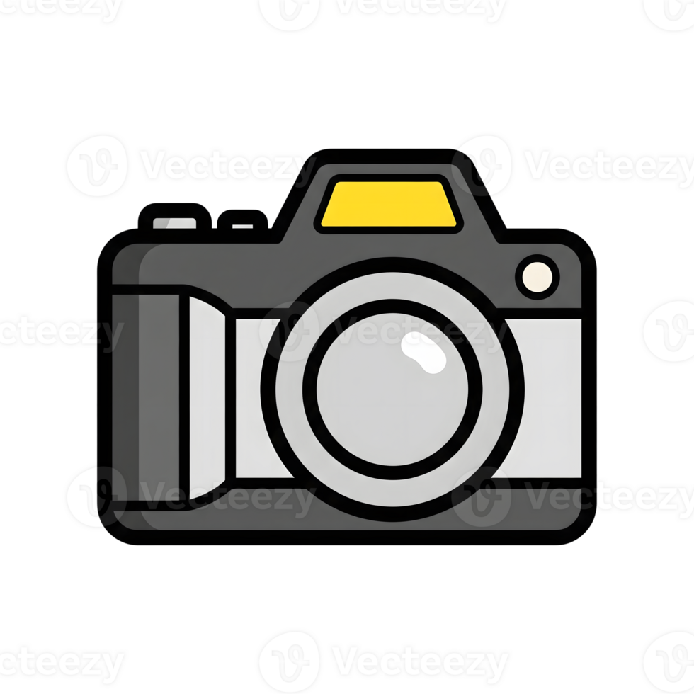 Gray and Black D S L R Camera Icon Yellow Flash isolated on a transparent background png