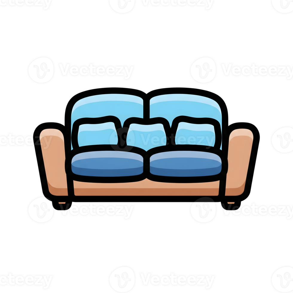 Cartoon Sofa Icon Light Blue Cushions Tan Frame isolated on a transparent background png