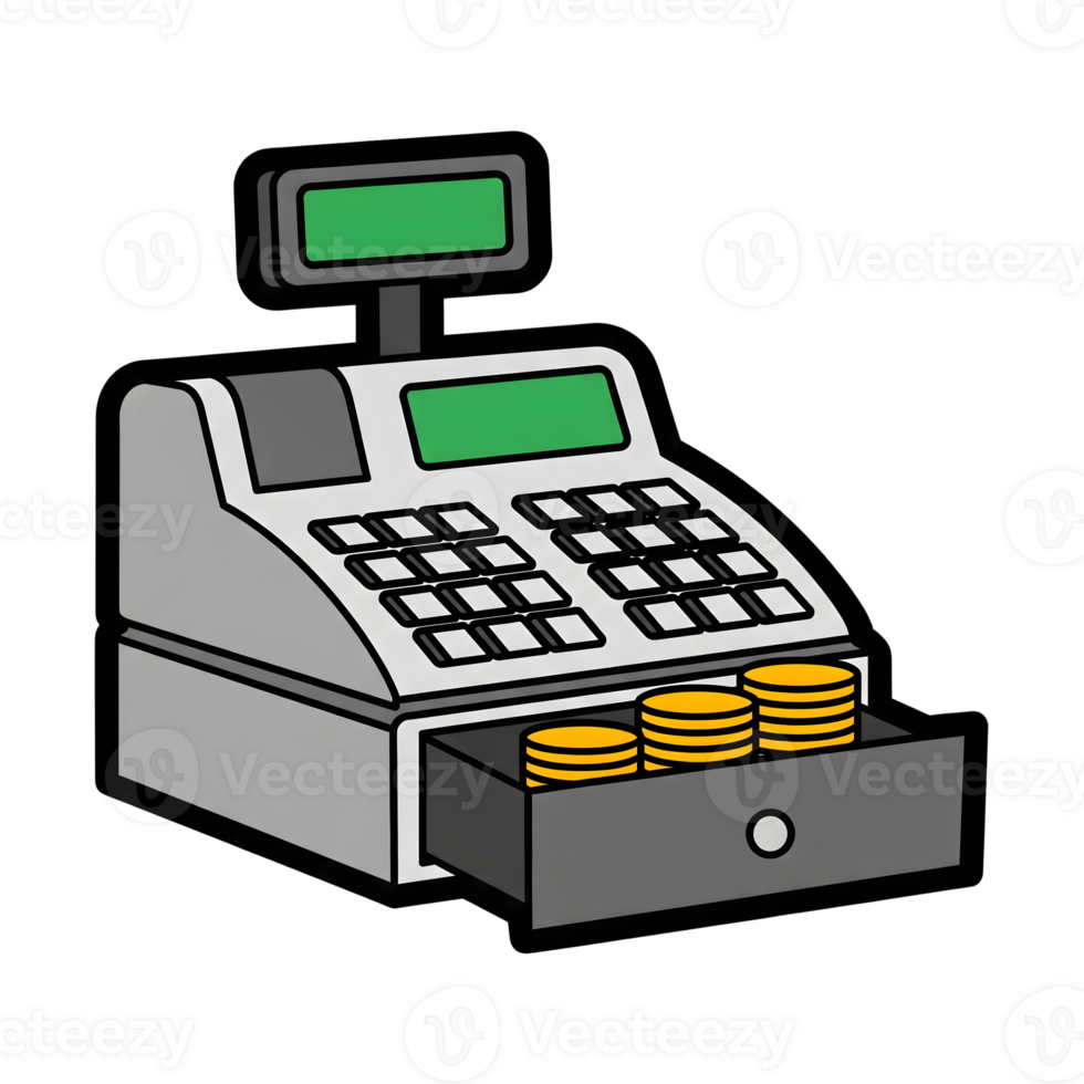 Gray Cash Register with Open Drawer and Gold Coins icon isolated on a transparent background png