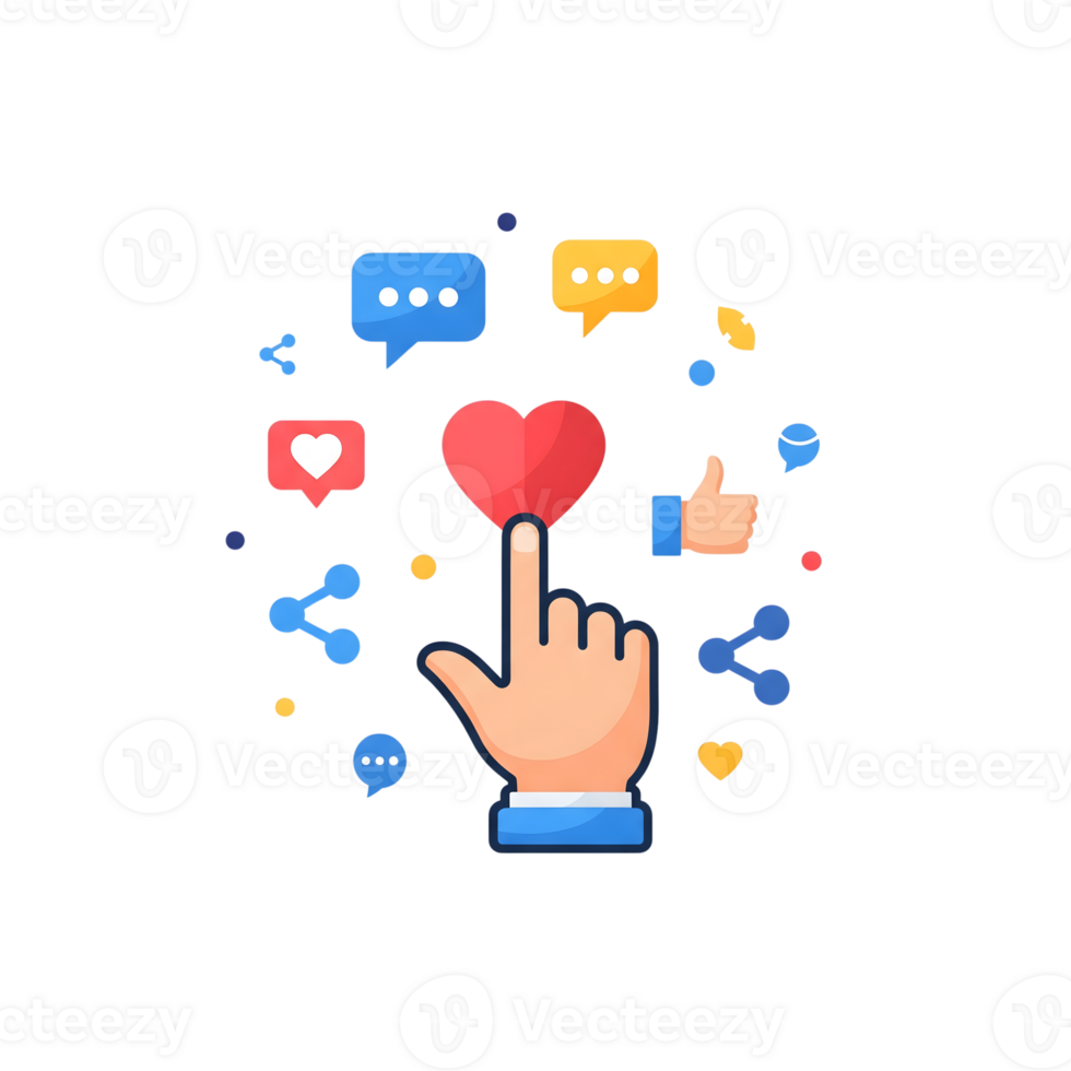 Hand clicking red heart icon surrounded by social media symbols like speech... isolated on a transparent background png