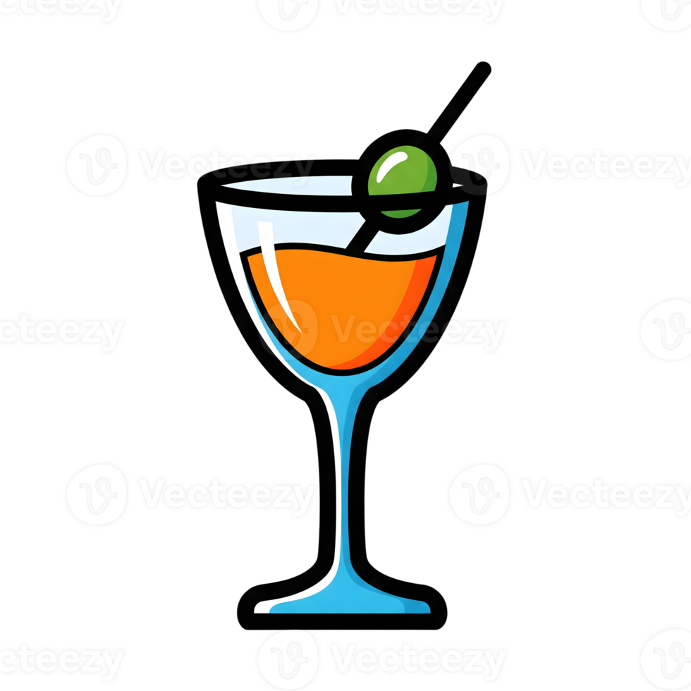 Orange Cocktail Drink in Blue Glass with Olive Garnish isolated on a transparent background png