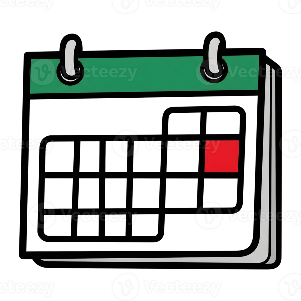 Green and White Calendar Icon Single Red Day Marked isolated on a transparent background png