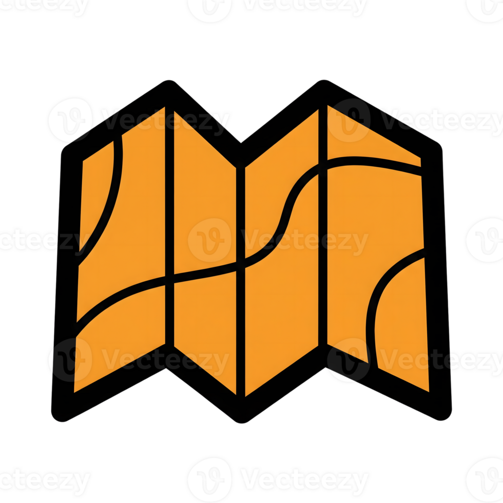 Orange Folded Map Icon Black Lines Navigation Guide isolated on a transparent background png