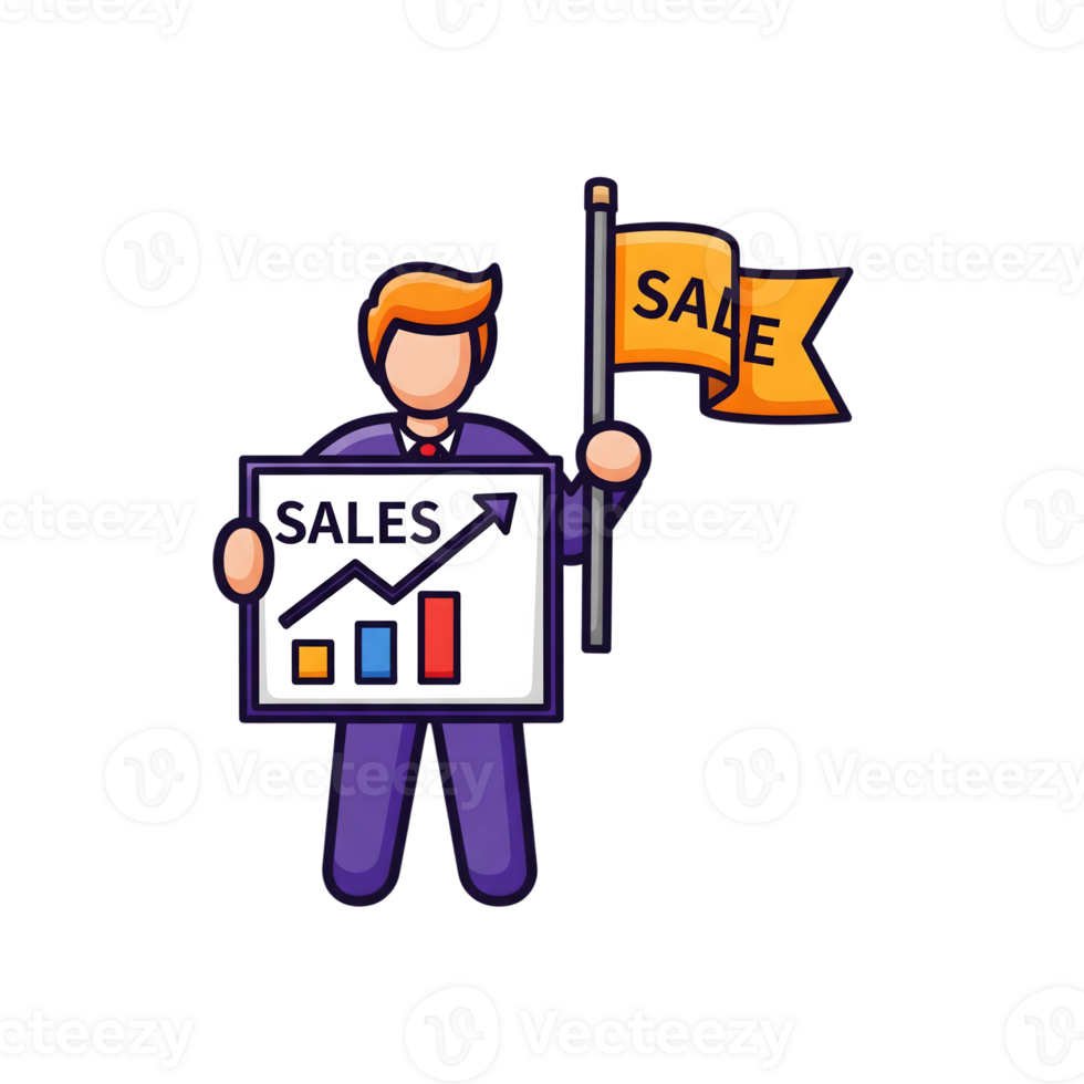 Salesman Cartoon Character Holding Sales Graph and Flag isolated on a transparent background png