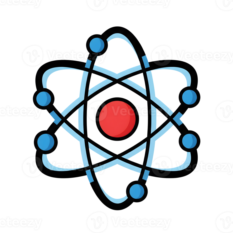 Red Nucleus Atom Icon Blue Orbiting Electrons isolated on a transparent background png