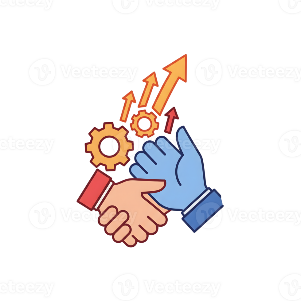 Two Hands Shaking Gears Upward Arrows Partnership Icon isolated on a transparent background png