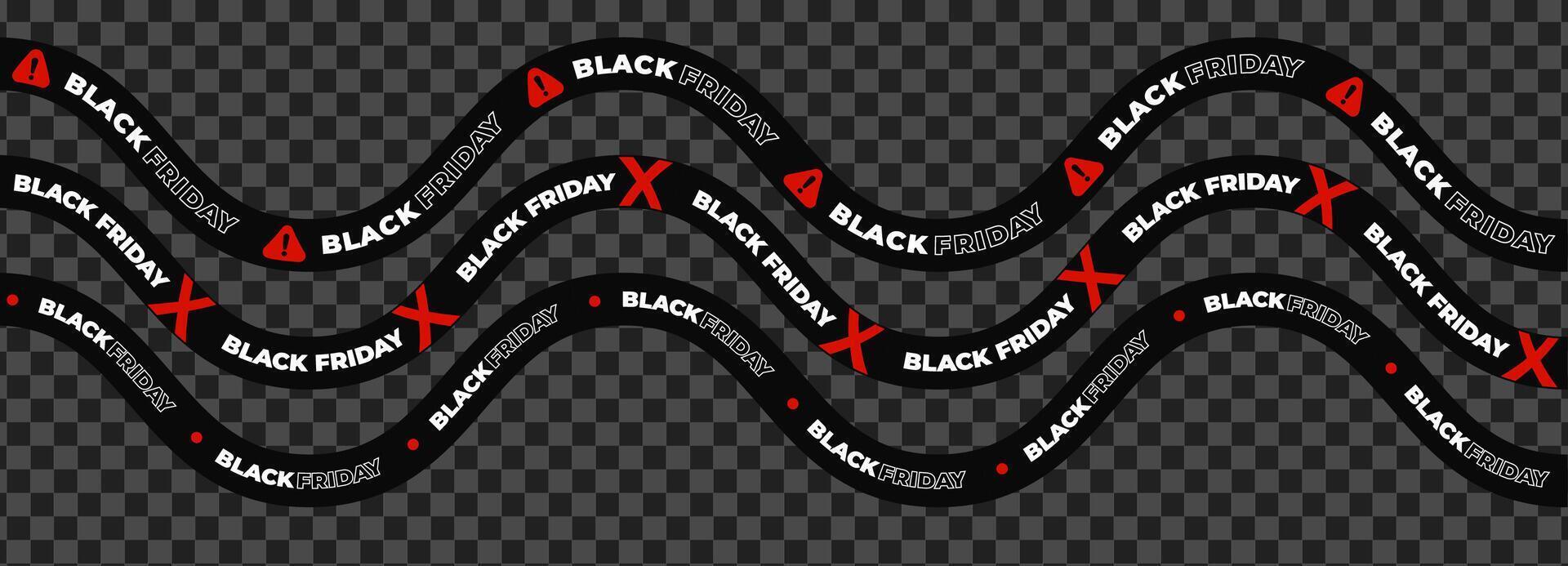 Black Friday tape with warning icons, alert signs, bold text on wavy ribbon. Urgency, danger, clearance promotion for high-impact campaigns. Flat illustration. vector
