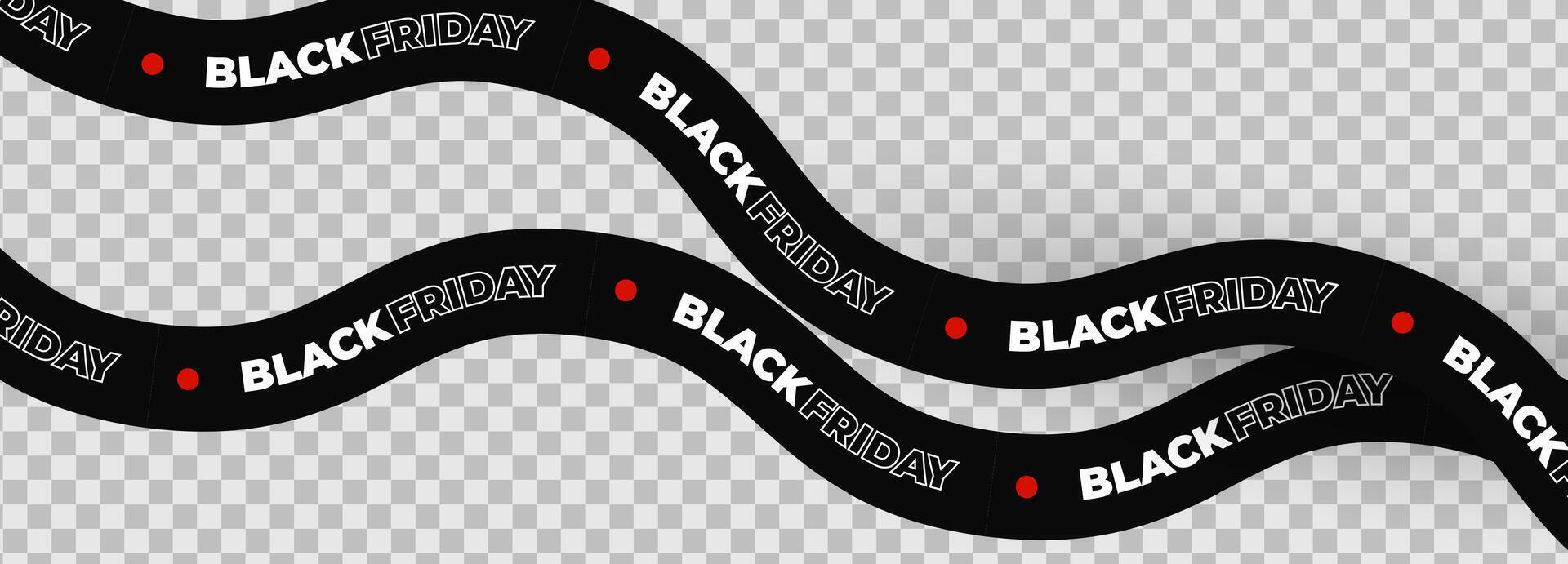 Black Friday text on curved black tape with red dots, bold modern design. Attention-grabbing banner for urgent retail sale promotion. Flat illustration. vector