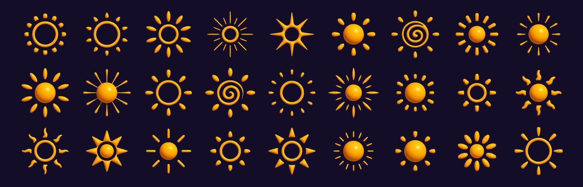 Set of glowing sun icons in modern cartoon style. Bright summer collection for weather apps, UI buttons, graphic design, or decorative elements. illustration. vector