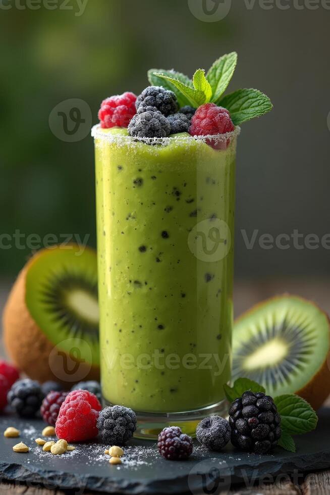 Green smoothie with kiwi, mint and frosted berries in a sugar-rimmed glass photo