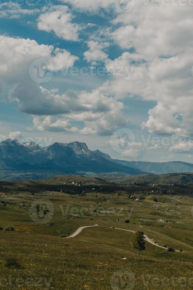Amazing view of valley and mountains in Durmitor National Park, Montenegro on a sunny summer day. photo