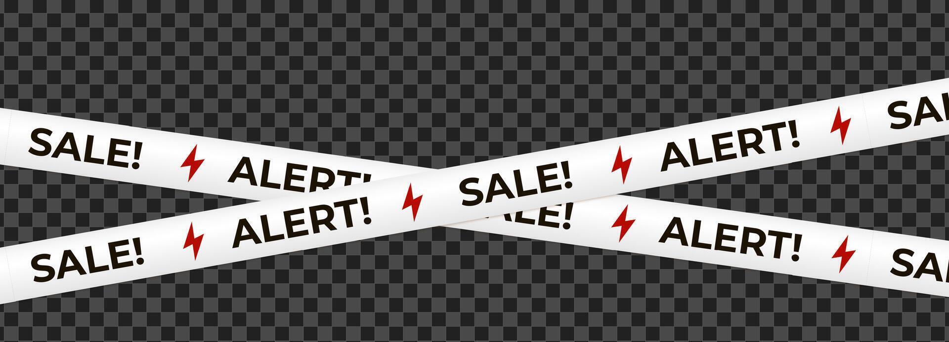 White crossed tape with SALE ALERT text, red lightning bolt symbols create urgency, electric energy, discount vibe. Retail marketing banner, ecommerce promo graphic. illustration vector