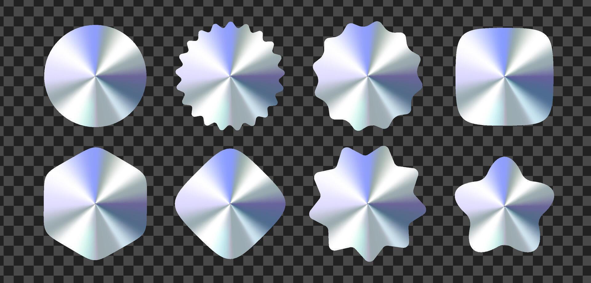 Glossy Metallic Gradient Labels, Stickers, Shapes Set With Chrome Effect On Transparent Background. Silver Icons Collection For Logo, Badge, Button, Seal, Or Decoration Design. Illustration vector