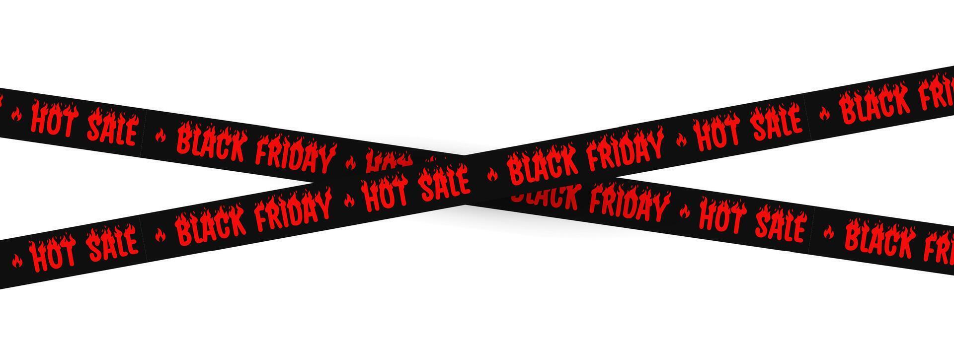 Black Friday Hot Sale Ribbon with Red Flaming Text on Black Tape. Ideal for Ecommerce, Retail Discounts, Shopping Promotions, and Urgent Offers. Illustration vector