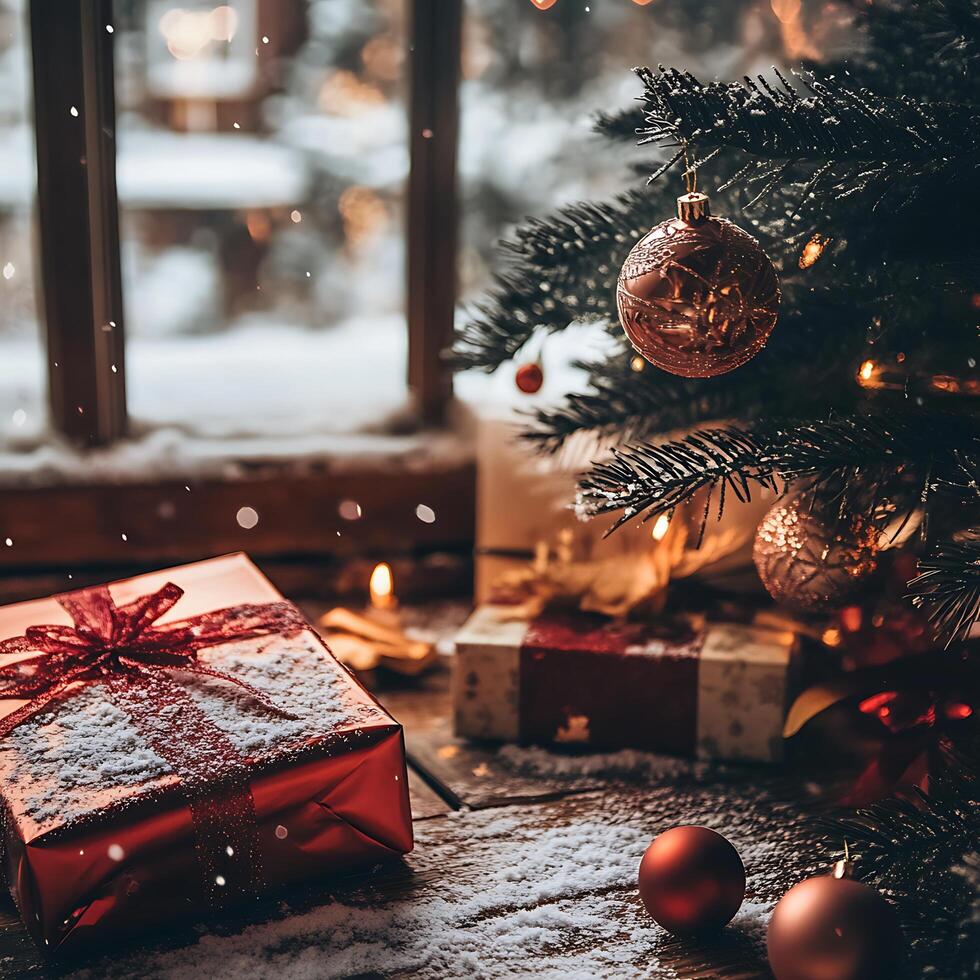 Festive Christmas Presents and Decorated Tree by the Window. A cozy winter scene with gifts under a Christmas tree, snow falling outside. photo