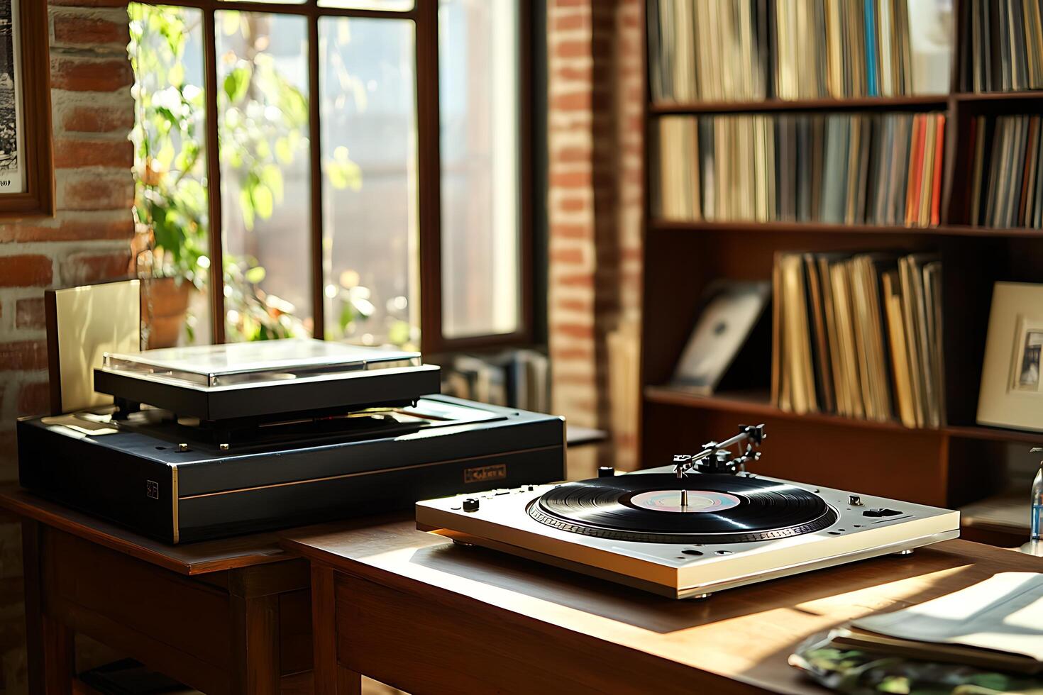 Turntable and Record Player on Wooden Desk in Sunlit Room with Bookshelf. The image depicts a vintage audio setup in a home setting. photo