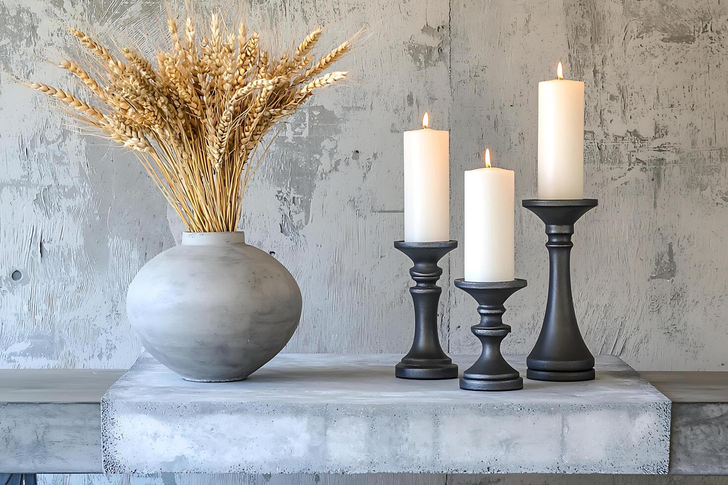 Still Life Photography Wheat, Candles, and Concrete. photo