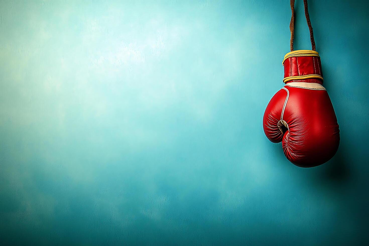 Red Boxing Glove Hanging on Teal Wall Copy Space for Sports and Fitness Designs. photo