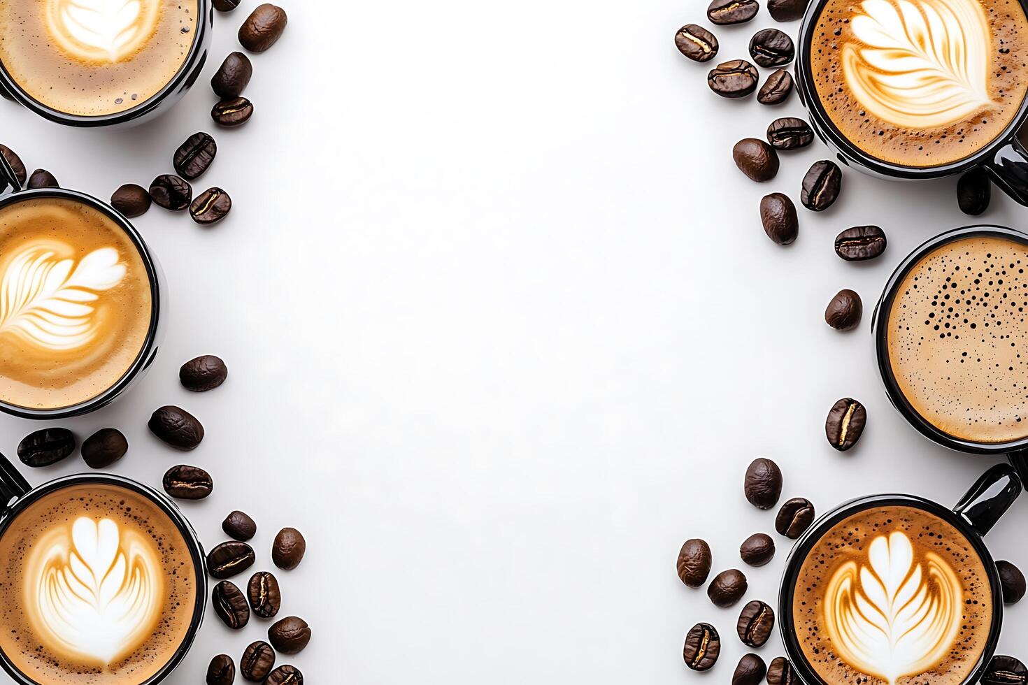 Aromatic Coffee Cups with Latte Art and Coffee Beans A Delightful Beverage Image. photo