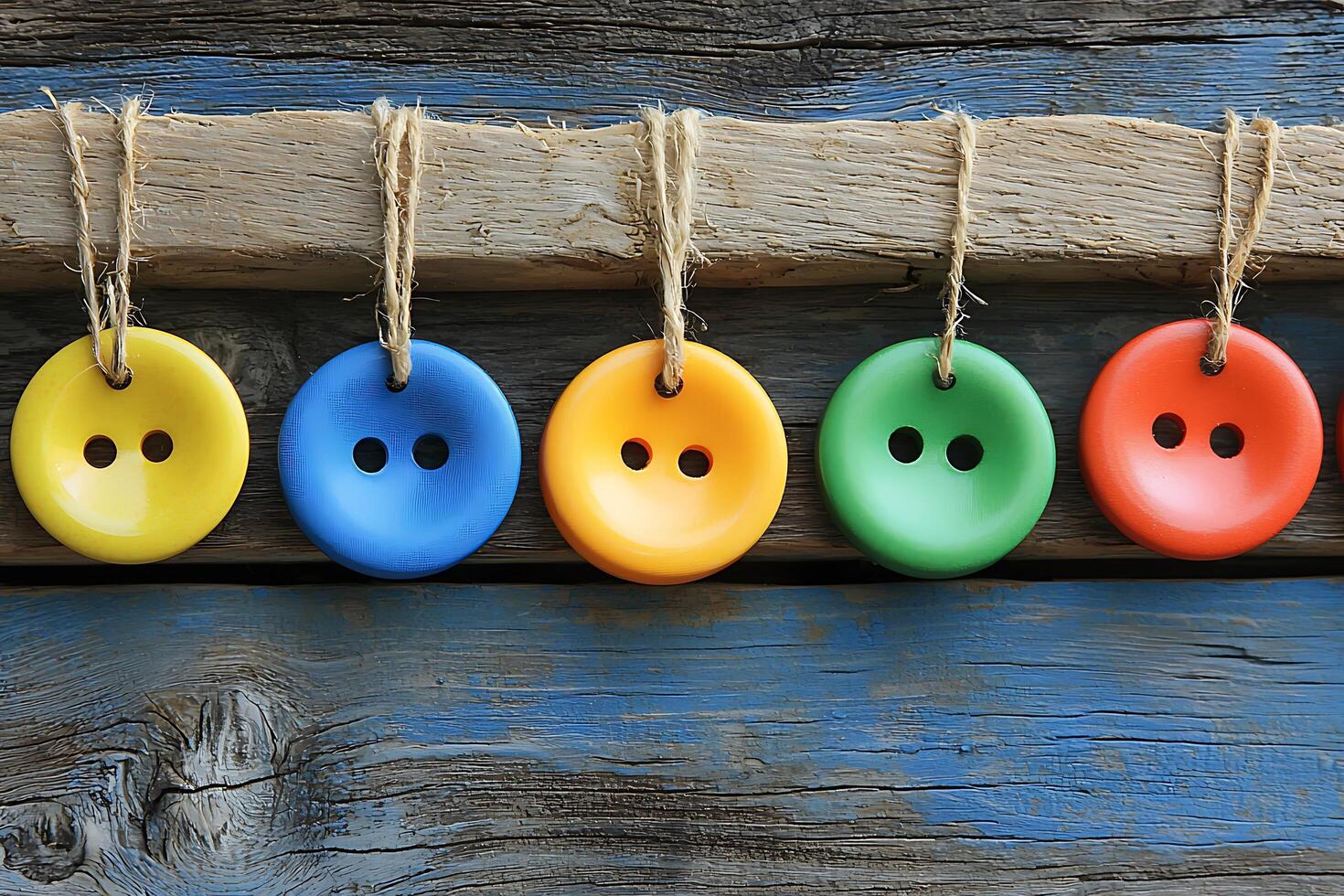 Colorful Buttons Hanging on Rustic Wood A Decorative Still Life. photo