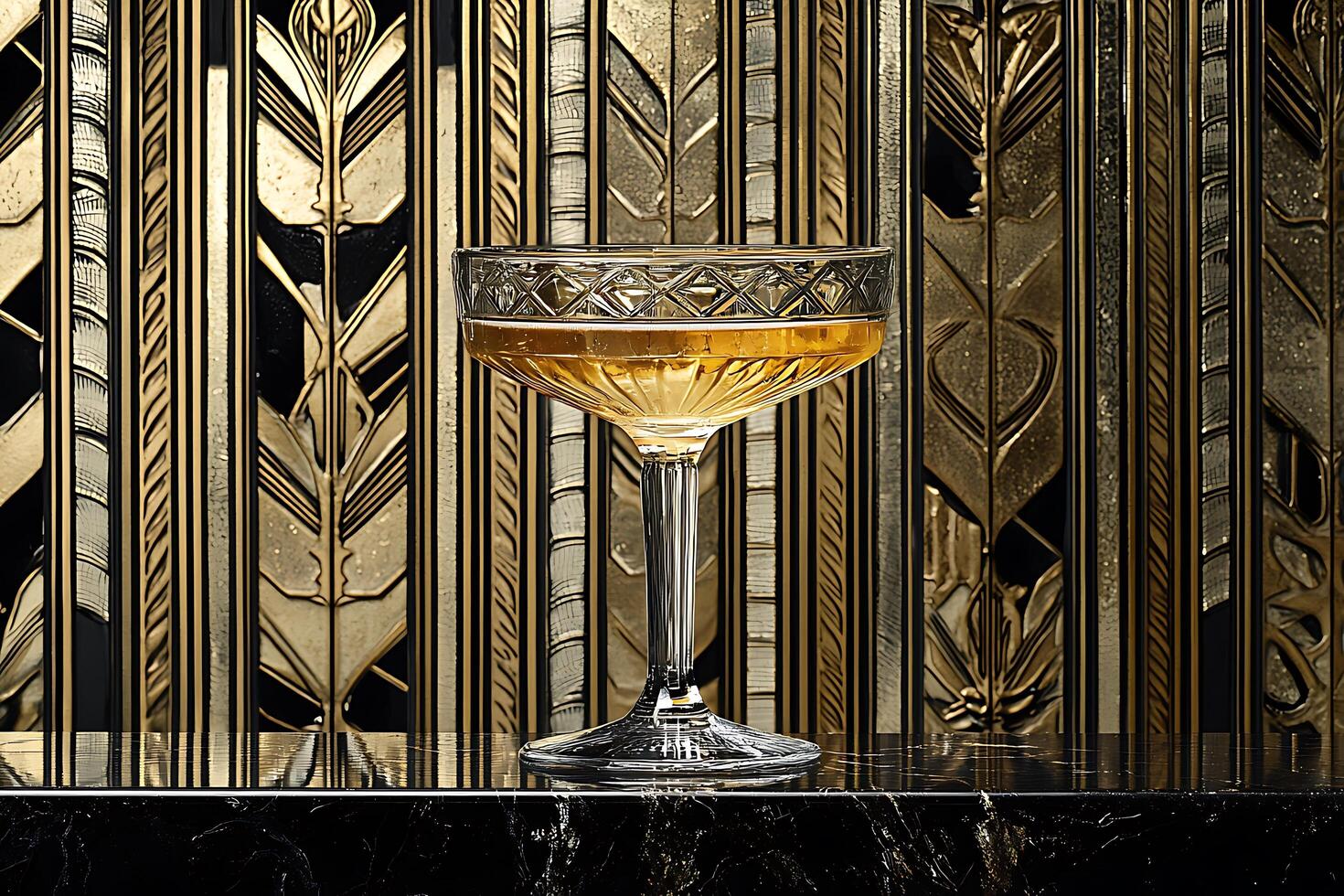 Elegant Cocktail in a Crystal Coupe Glass against an Art Deco Background. A sophisticated image perfect for menus, advertisements, or articles about mixology and Art Deco design. photo