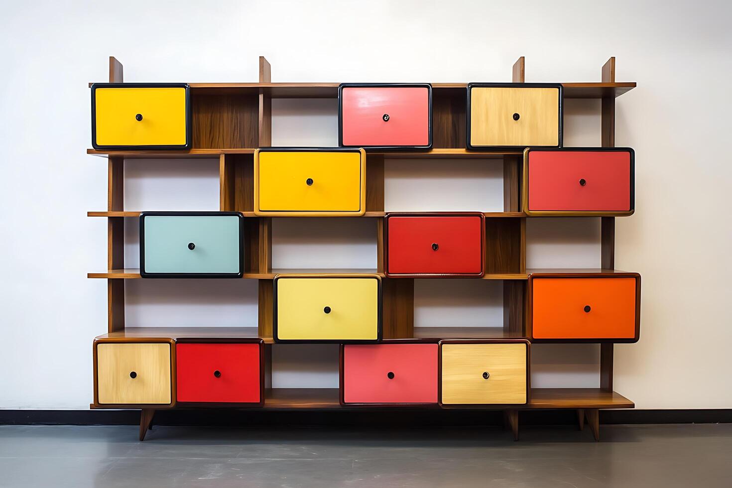 Mid-Century Modern Colorful Storage Unit A Stylish and Functional Wooden Shelving System. photo